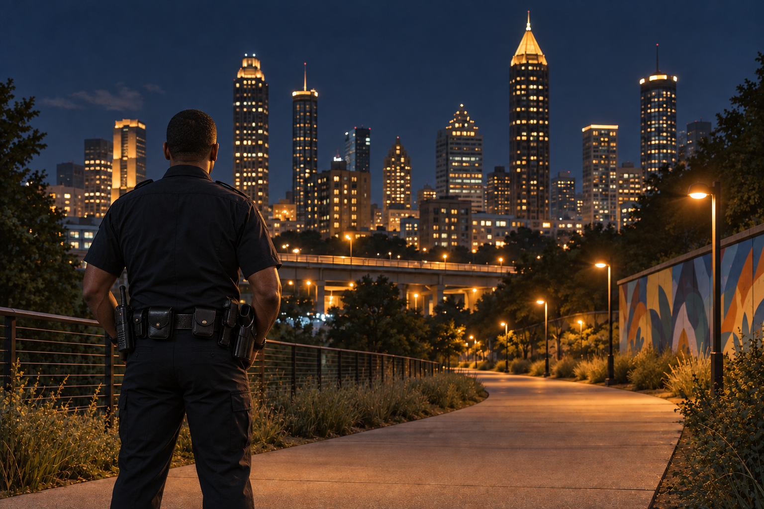 Illustration of a police officer overlooking Atlanta at night